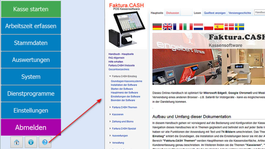 Onlinehandbuch von Faktura.CASH Kassensoftware direkt aufrufen