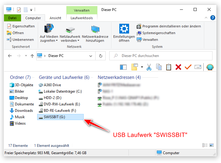 Swissbit USB Laufwerk des TSE Stick in Faktura.CASH Kassensoftware finden