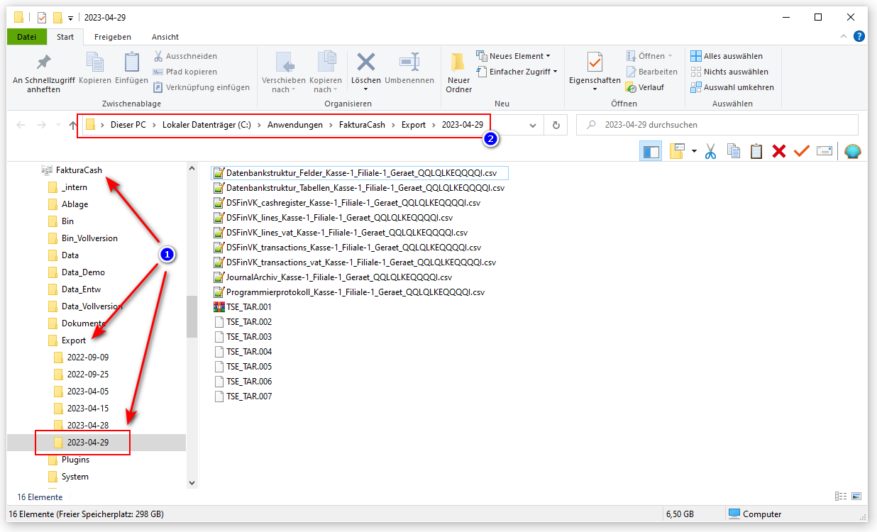 Exportierte Daten der Kasse als einzelne CSV Dateien im Windows® Explorer der Faktura.CASH Kassensoftware