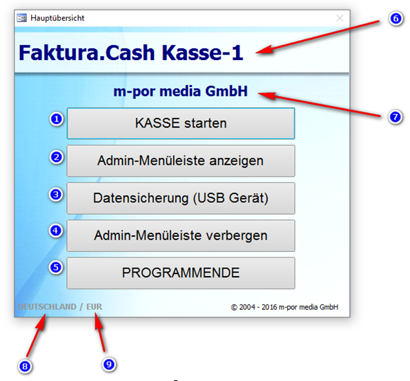 Hauptmenü der Kassensoftware Faktura.CASH